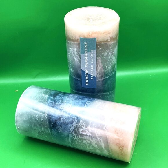 Modern Farmhouse Scented Pillar Candles Rustic Layered Blue Gray Decor 6” Pair - Picture 5 of 7